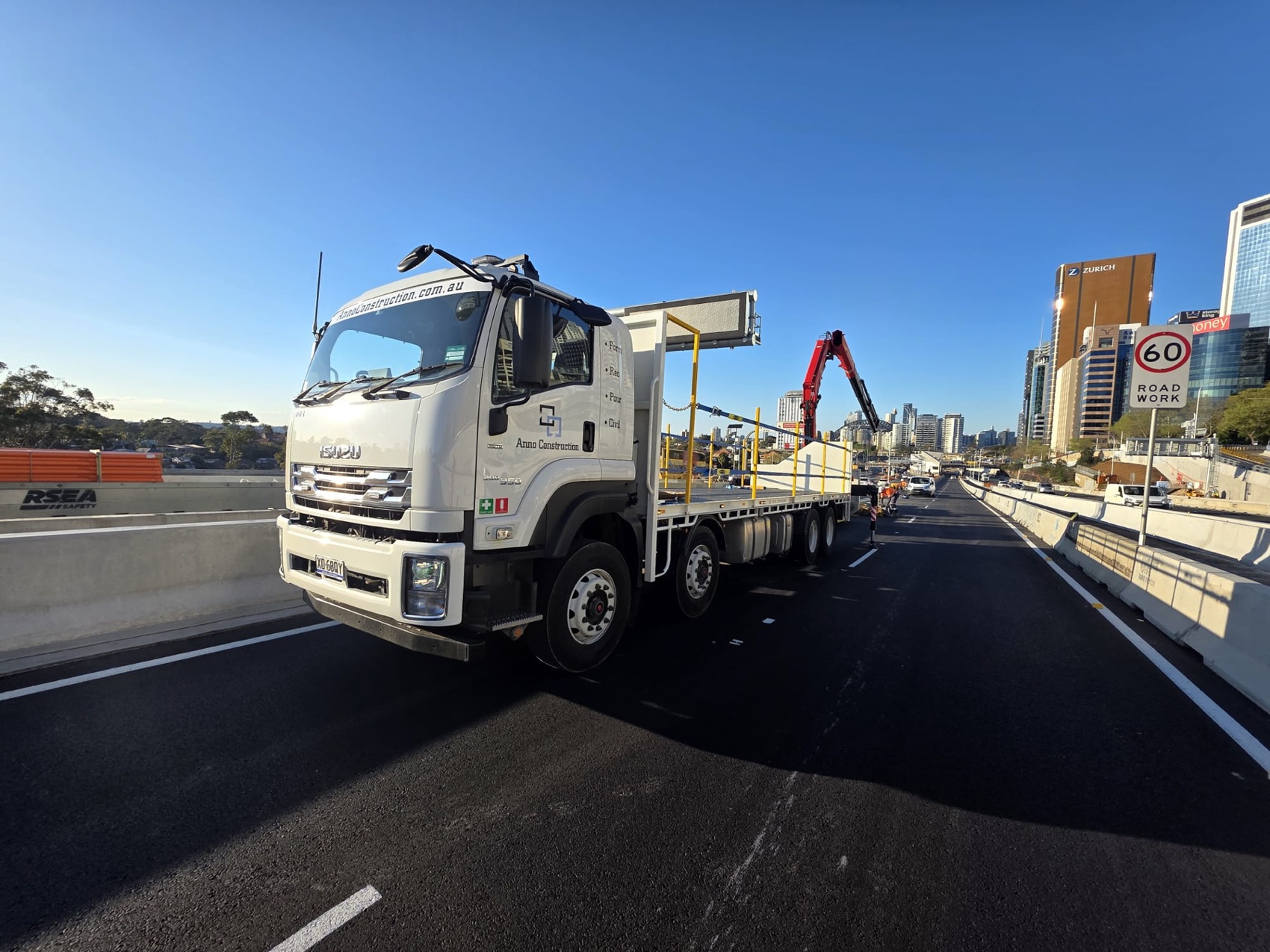 Anno Construction crane truck on a Sydney motorway upgrade