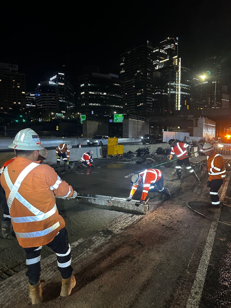 Anno Construction crews completing a night concrete pour on a Sydney motorway